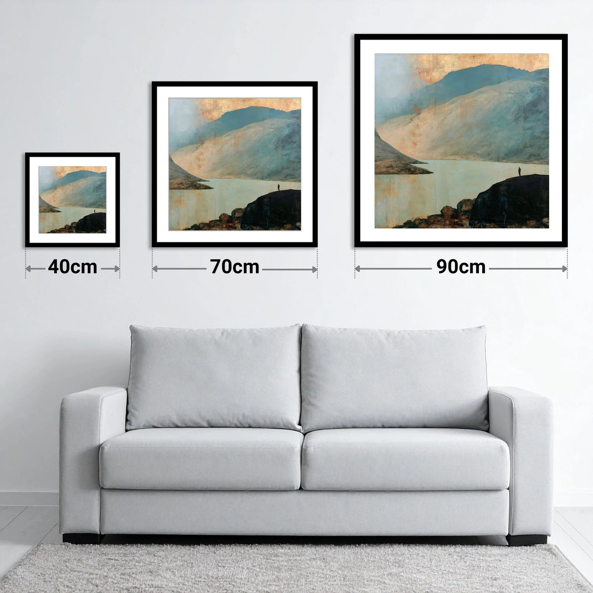Great Gable in Golden Light - size guide showing 40cm, 70cm and 90cm art prints