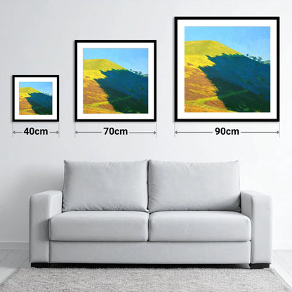 Sunlight and Shadow on Fellbarrow - size guide showing 40cm, 70cm and 90cm art prints