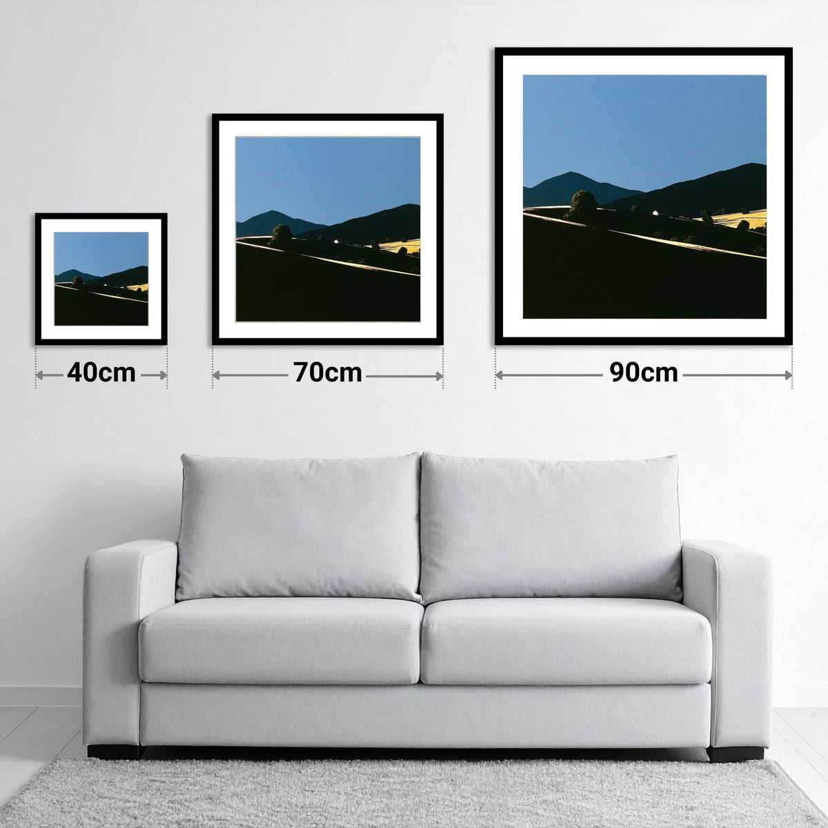 Golden Light on Silhouetted Fells - size guide showing 40cm, 70cm and 90cm art prints
