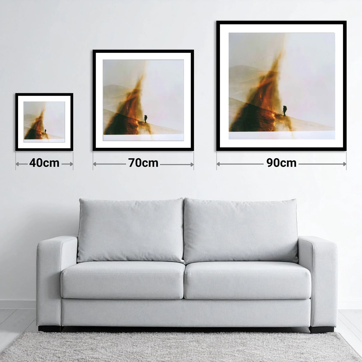 Fell-walker Silhouette in Amber Mist - size guide showing 40cm, 70cm and 90cm art prints