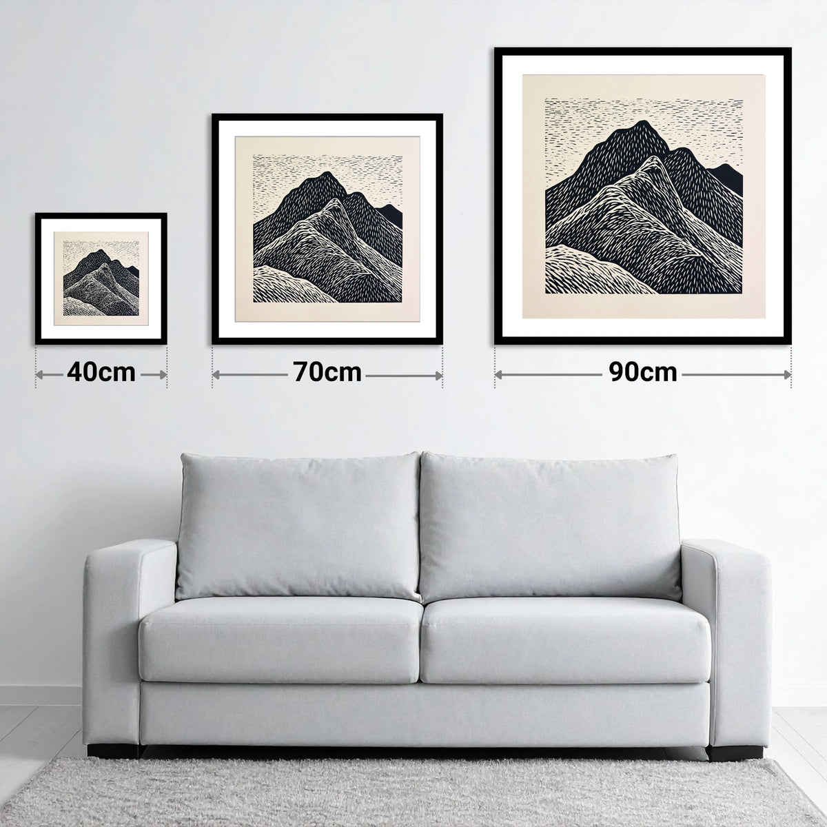 Bold Graphic Bowfell Peak - size guide showing 40cm, 70cm and 90cm art prints