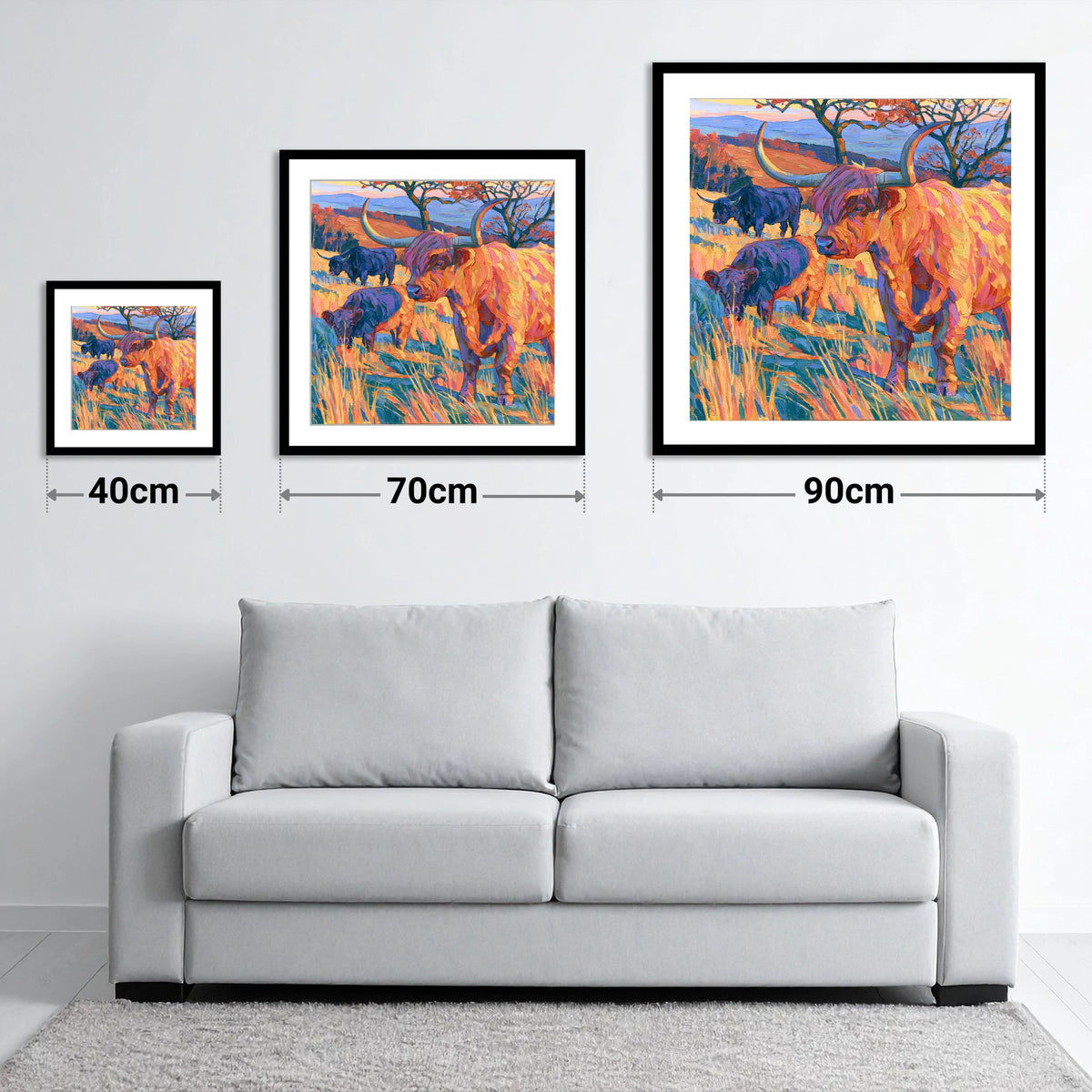 Highland Cattle in Vibrant Fell Light - size guide showing 40cm, 70cm and 90cm art prints