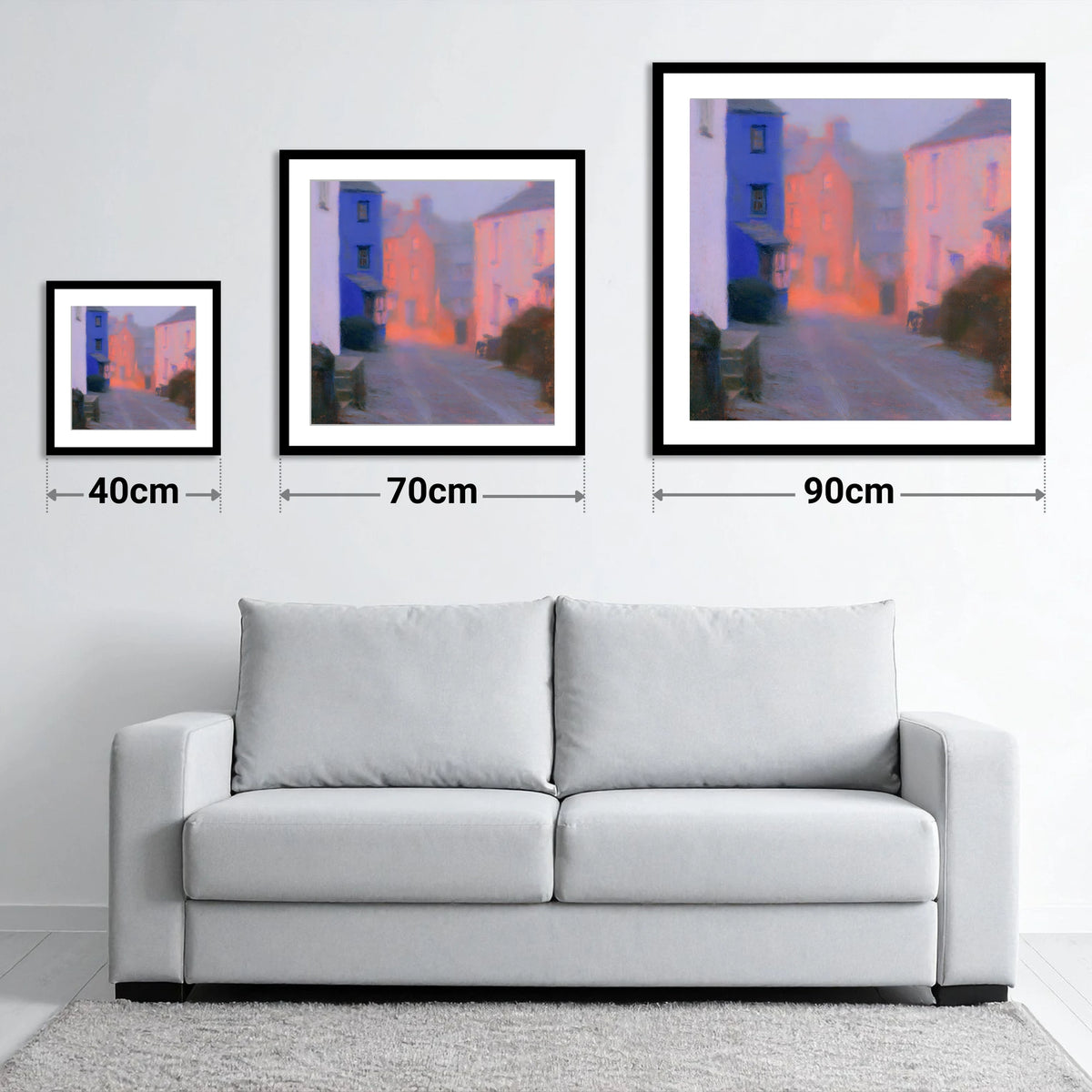Twilight Haze Over Village Street - size guide showing 40cm, 70cm and 90cm art prints