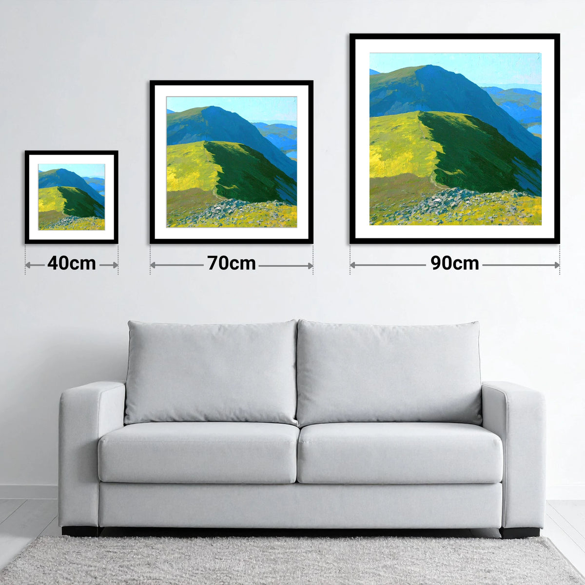 The Knott Ridge Path in Sunlight - size guide showing 40cm, 70cm and 90cm art prints