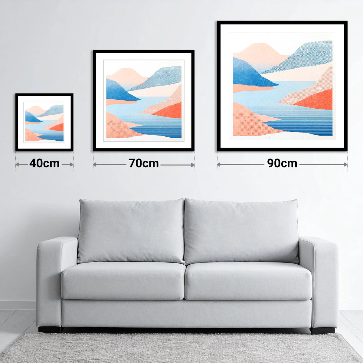 Graphic Lake And Coral Fells - size guide showing 40cm, 70cm and 90cm art prints