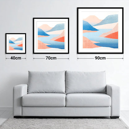 Graphic Lake And Coral Fells - size guide showing 40cm, 70cm and 90cm art prints