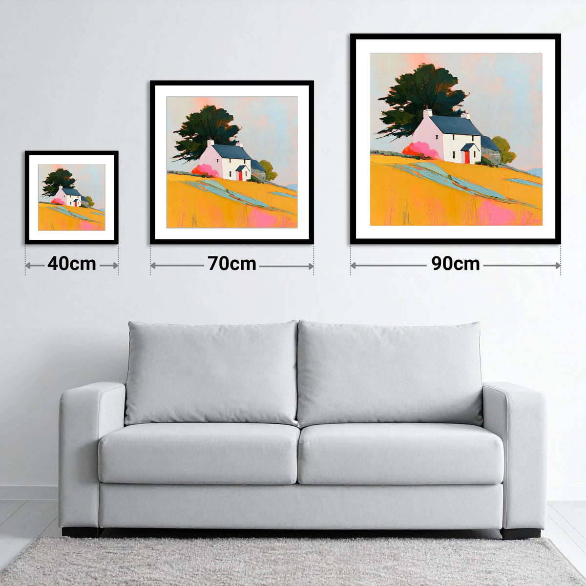 White Stone Cottage in Golden Fields - size guide showing 40cm, 70cm and 90cm art prints