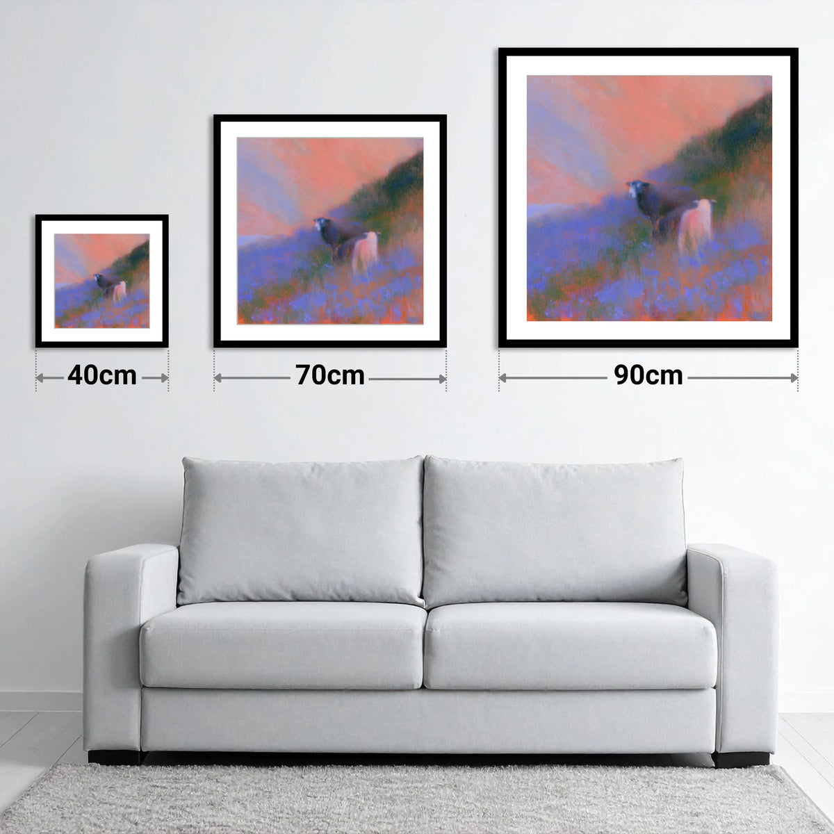 Twilight Herdwicks on the Fell - size guide showing 40cm, 70cm and 90cm art prints