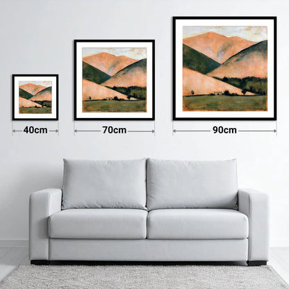 Golden Fells and Stone Bothy - size guide showing 40cm, 70cm and 90cm art prints