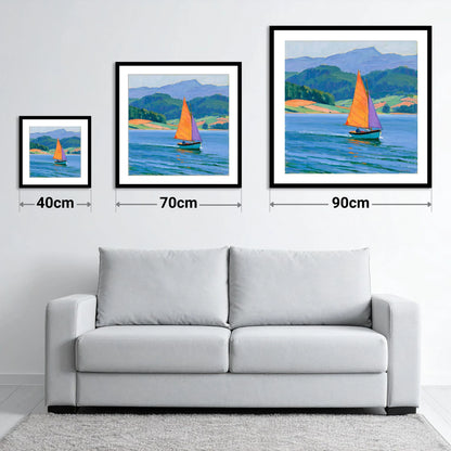 Sailing Boat on Breezy Lake - size guide showing 40cm, 70cm and 90cm art prints