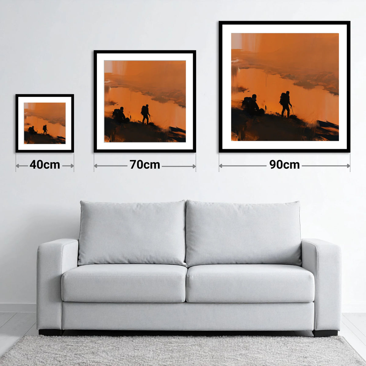 Catbells Walkers in Amber Light - size guide showing 40cm, 70cm and 90cm art prints