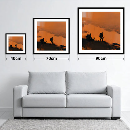 Catbells Walkers in Amber Light - size guide showing 40cm, 70cm and 90cm art prints