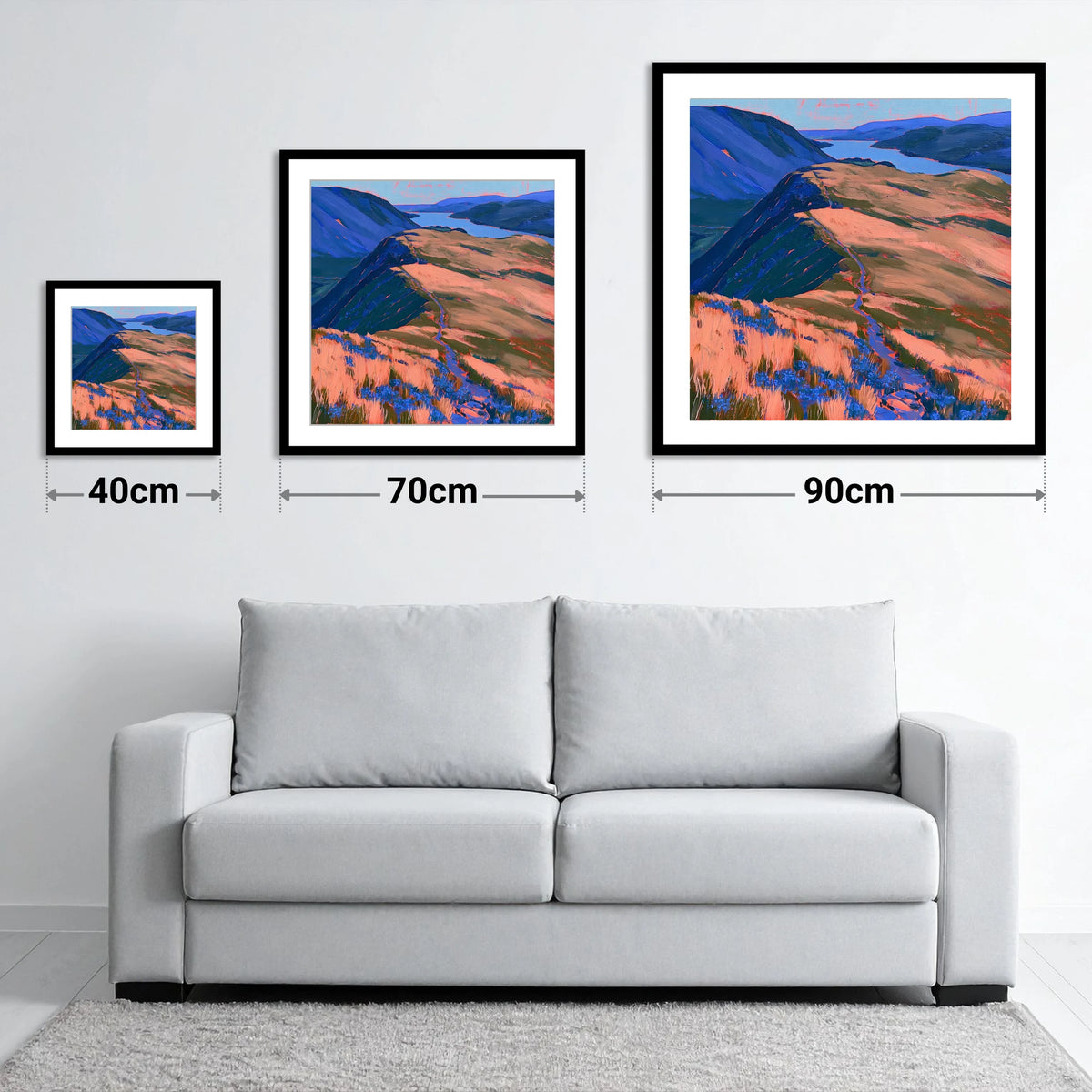 Beda Fell Ridge in Coral Light - size guide showing 40cm, 70cm and 90cm art prints