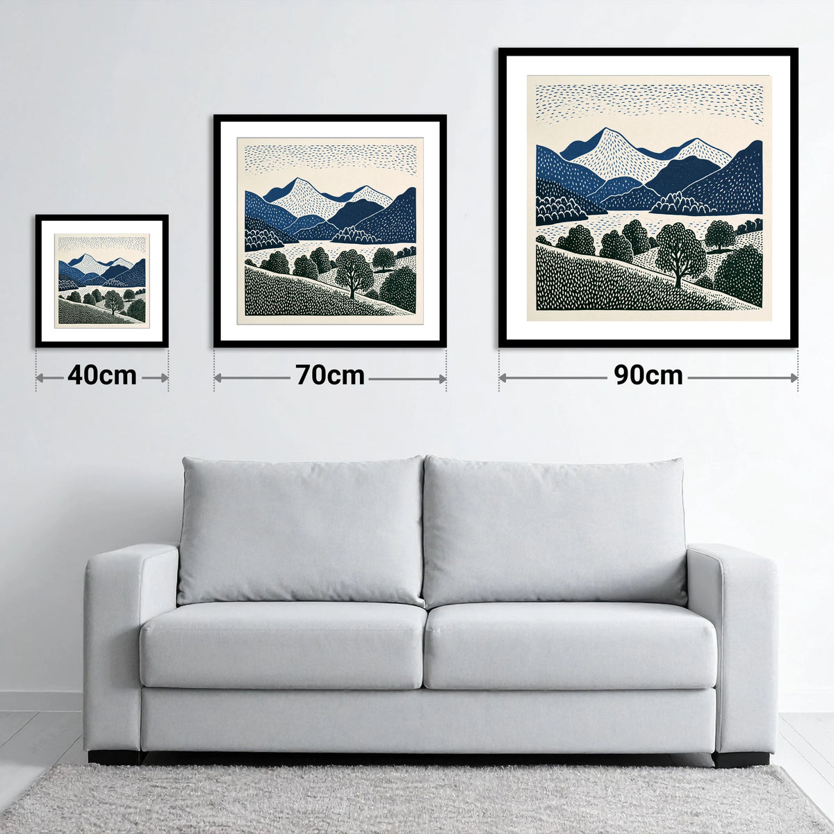 Grasmere Fells in Graphic Navy - size guide showing 40cm, 70cm and 90cm art prints