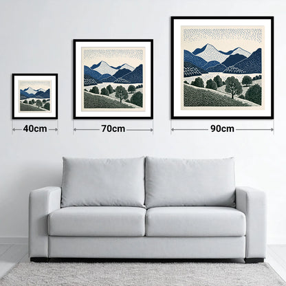 Grasmere Fells in Graphic Navy - size guide showing 40cm, 70cm and 90cm art prints