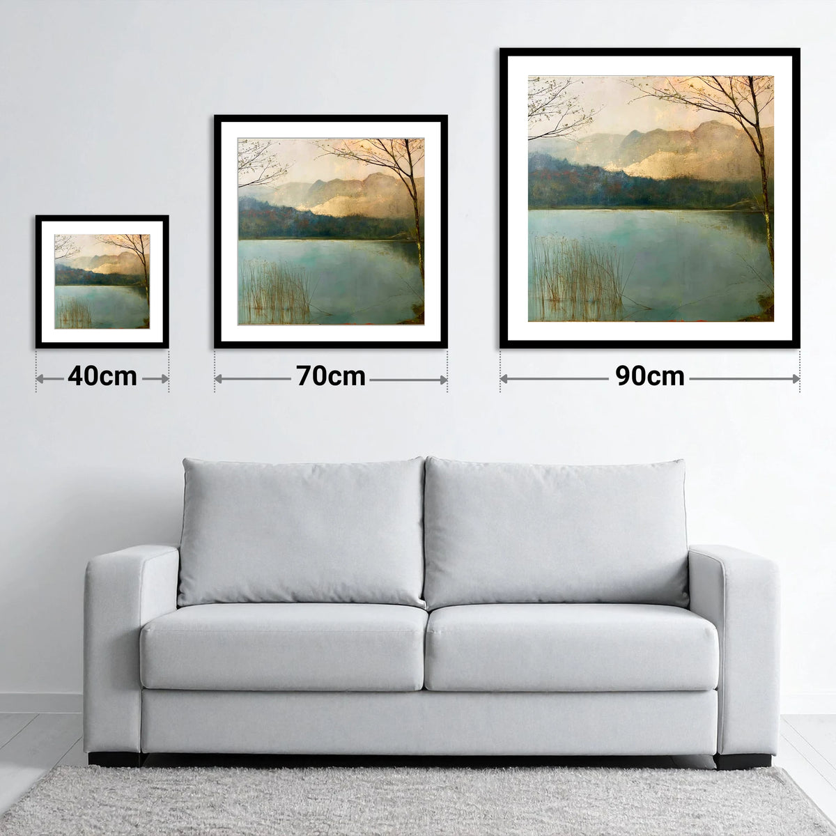 Gilded Light Over Elter Water - size guide showing 40cm, 70cm and 90cm art prints