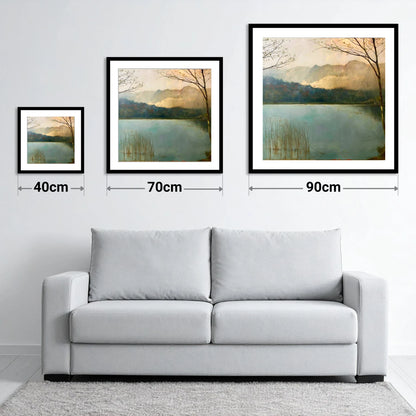 Gilded Light Over Elter Water - size guide showing 40cm, 70cm and 90cm art prints