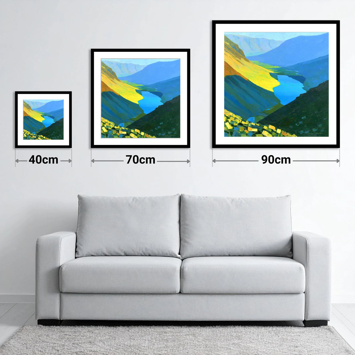 Vibrant Summit View Over Valley Lake - size guide showing 40cm, 70cm and 90cm art prints
