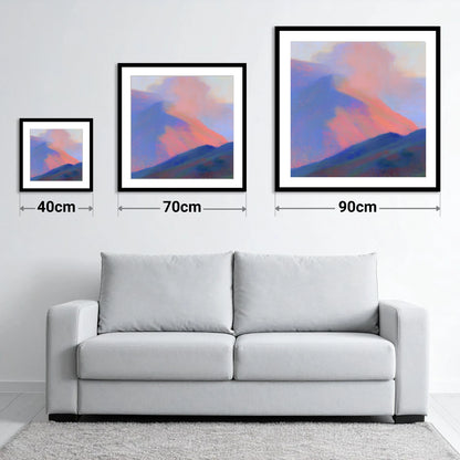 Pink Light on Rolling Fells - size guide showing 40cm, 70cm and 90cm art prints