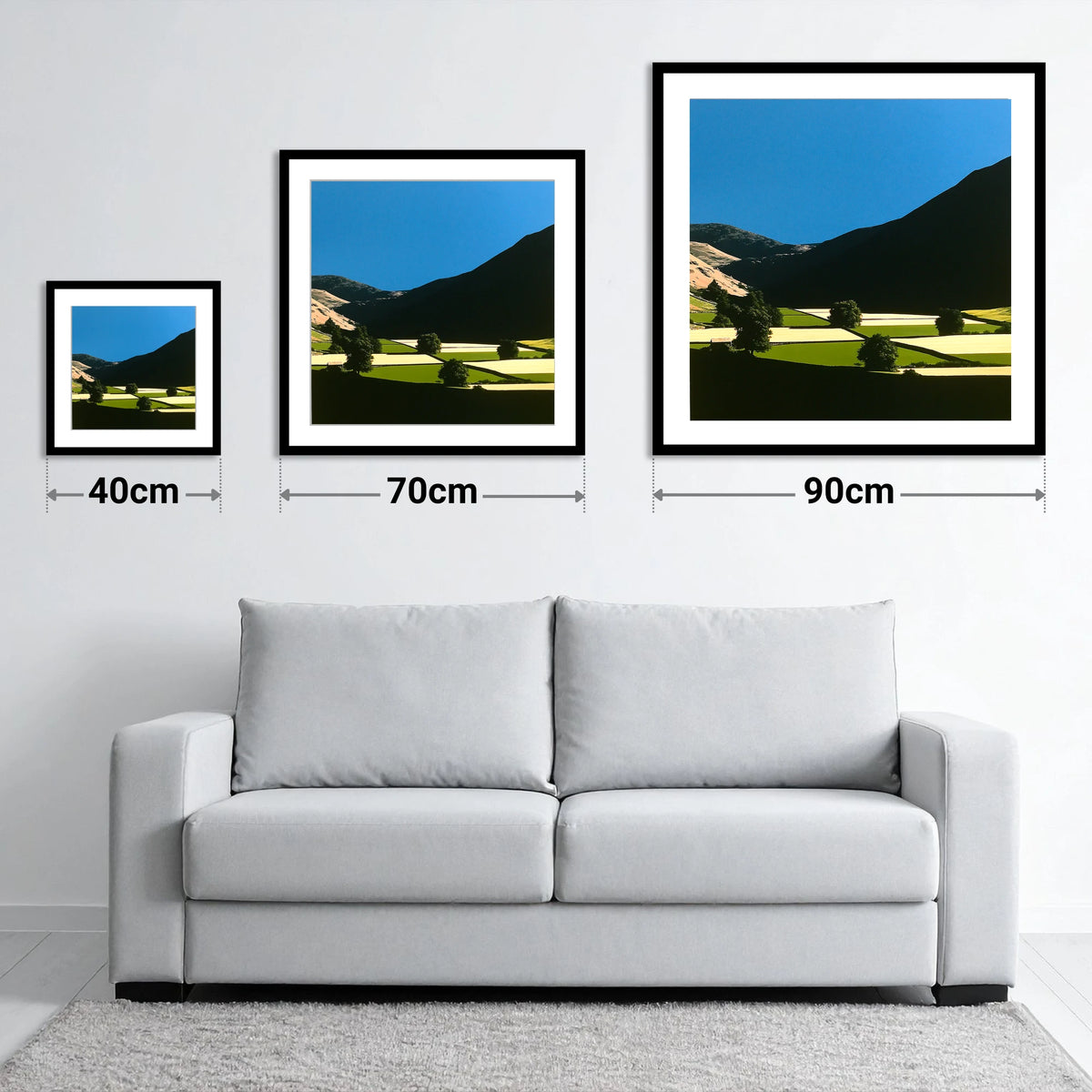 Dale Patchwork in Deep Shadow - size guide showing 40cm, 70cm and 90cm art prints