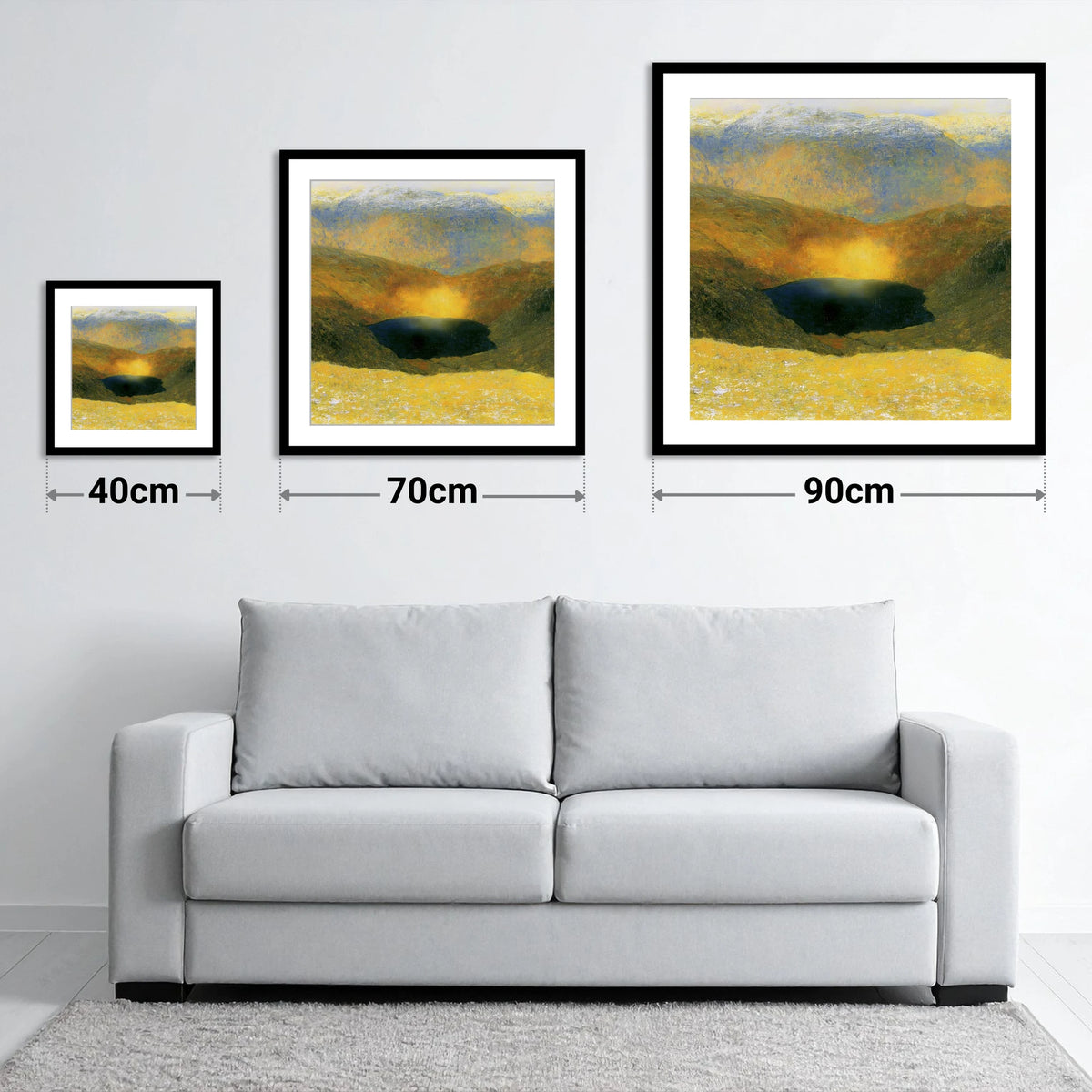 Golden Light Over Easedale Tarn - size guide showing 40cm, 70cm and 90cm art prints
