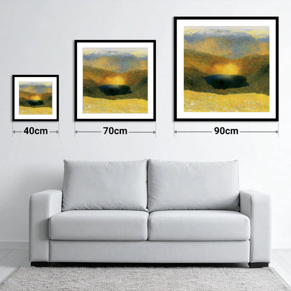 Golden Light Over Easedale Tarn - size guide showing 40cm, 70cm and 90cm art prints