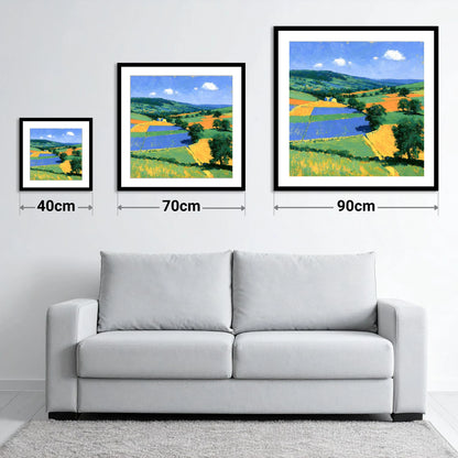 Colourful Dale Patchwork Fields - size guide showing 40cm, 70cm and 90cm art prints