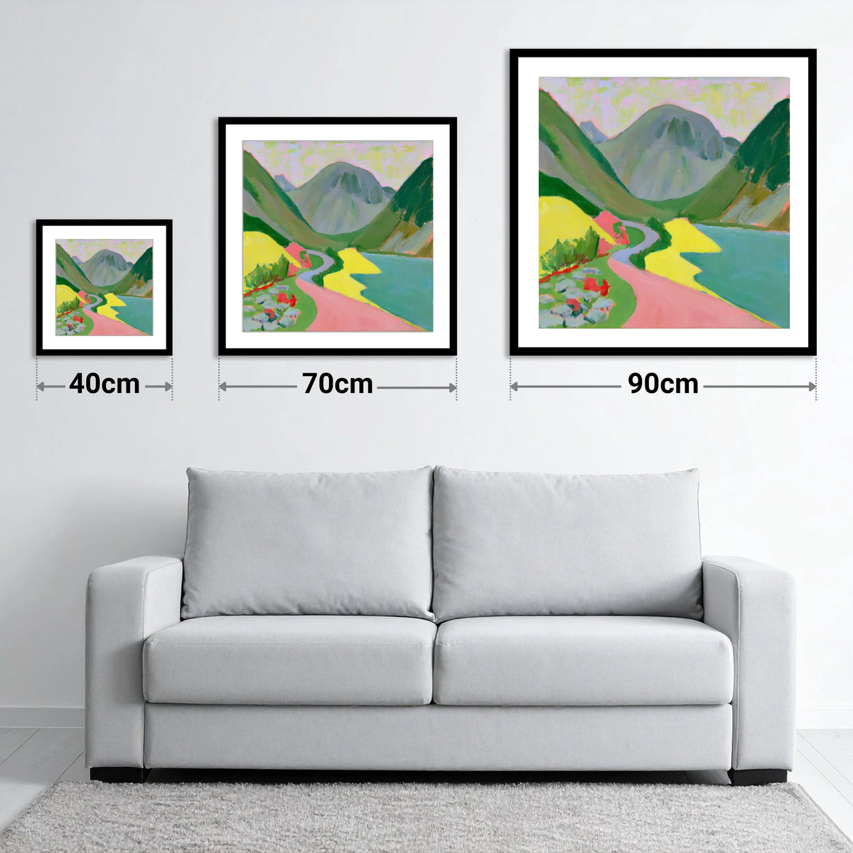 Great Gable in Vivid Colour - size guide showing 40cm, 70cm and 90cm art prints