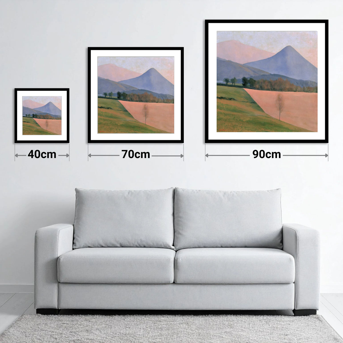 Pastel Fells and Green Valley - size guide showing 40cm, 70cm and 90cm art prints