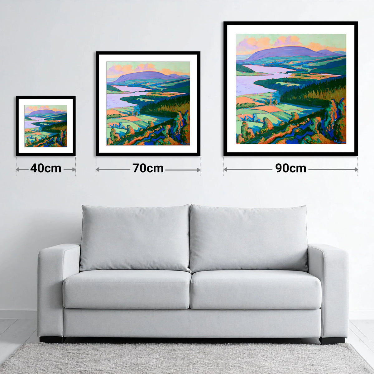 Vibrant Bassenthwaite Lake and Fells - size guide showing 40cm, 70cm and 90cm art prints