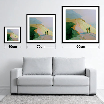 Hikers on a Golden Fell - size guide showing 40cm, 70cm and 90cm art prints