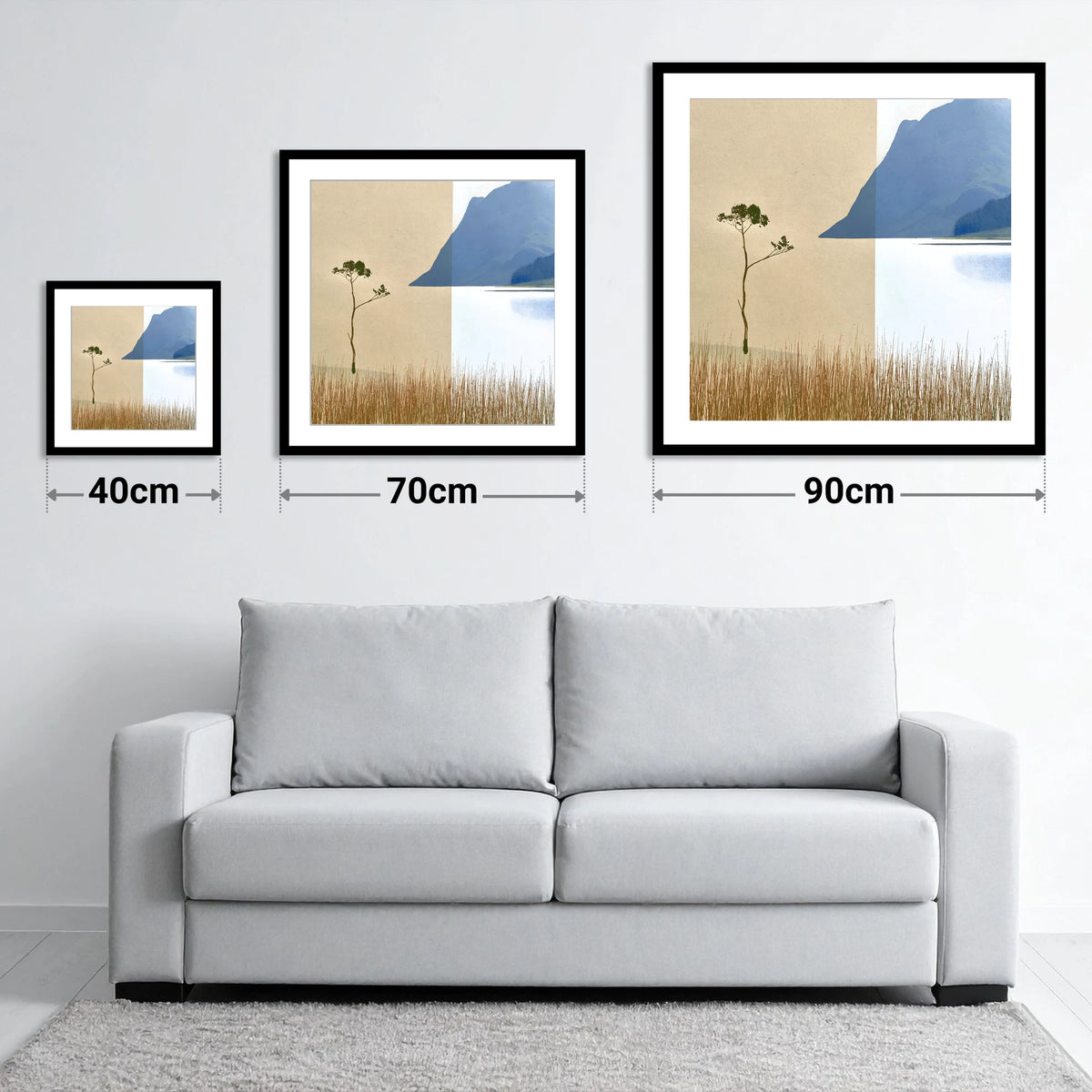 Minimalist Lone Tree at Buttermere - size guide showing 40cm, 70cm and 90cm art prints