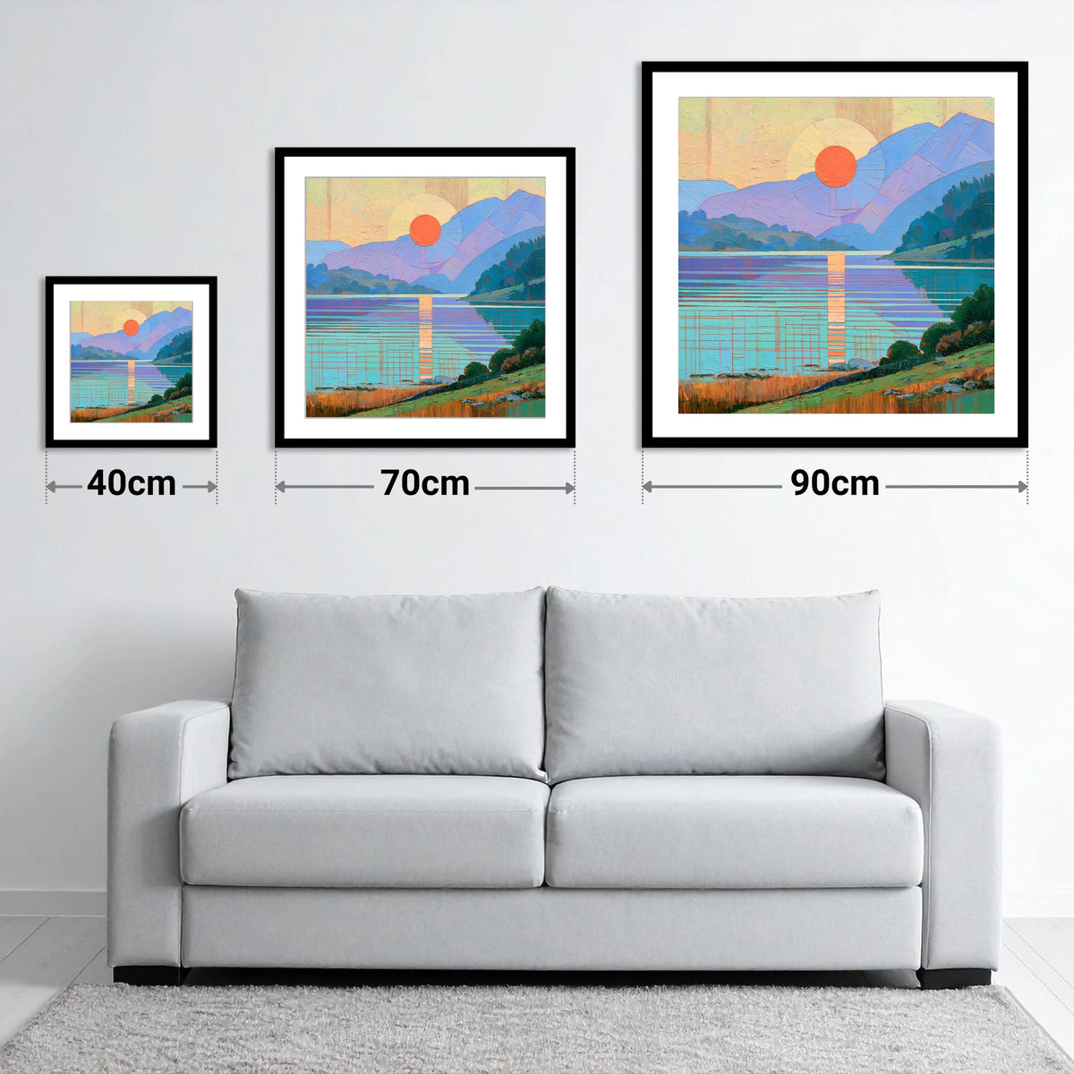 Geometric Lakeland Sunset Over Water - size guide showing 40cm, 70cm and 90cm art prints