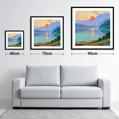 Geometric Lakeland Sunset Over Water - size guide showing 40cm, 70cm and 90cm art prints