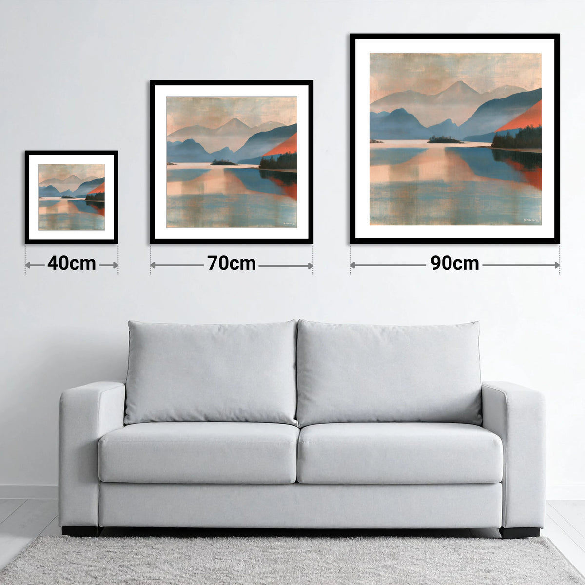 Terracotta Sunset on Derwentwater - size guide showing 40cm, 70cm and 90cm art prints