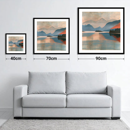 Terracotta Sunset on Derwentwater - size guide showing 40cm, 70cm and 90cm art prints