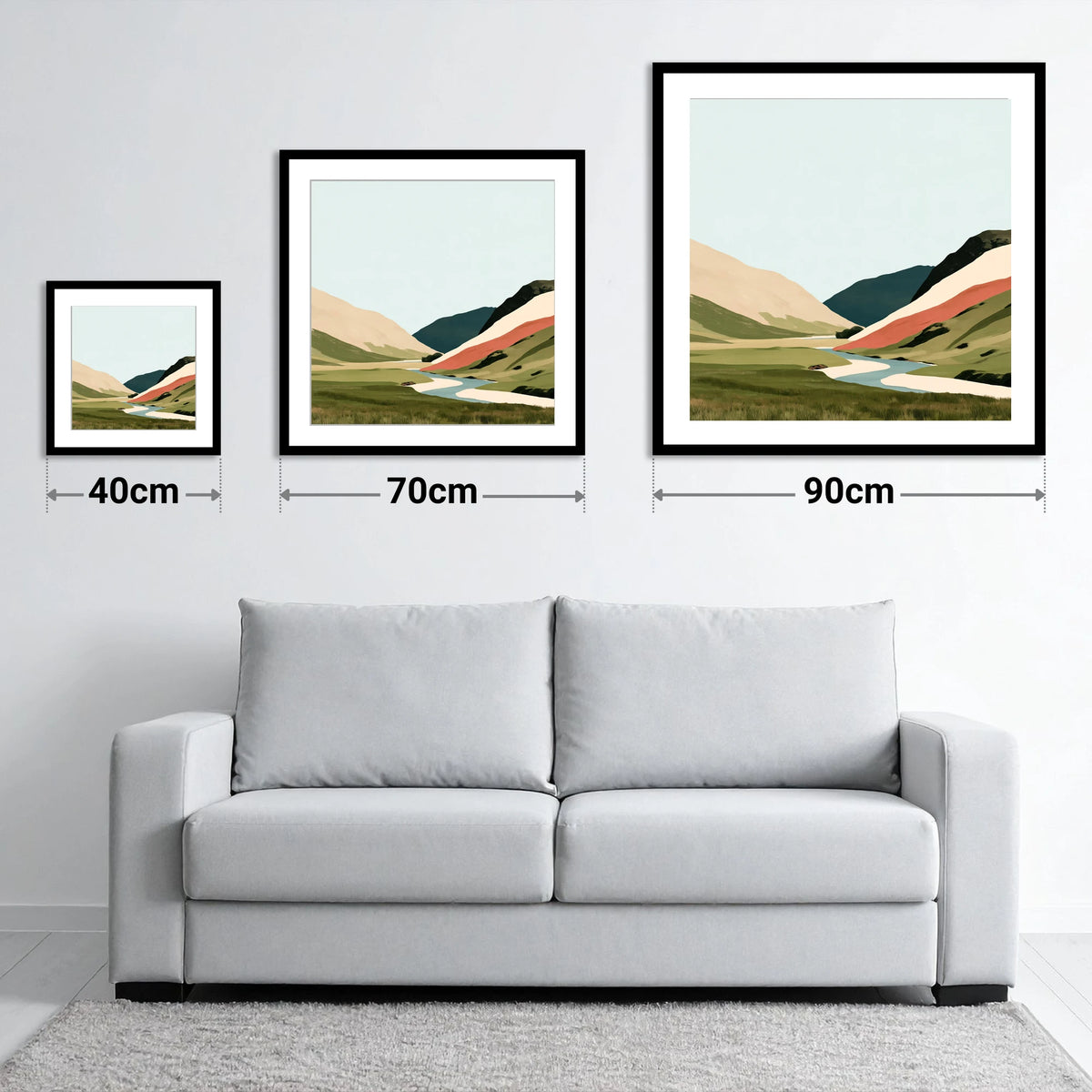 Winding River and Terracotta Fells - size guide showing 40cm, 70cm and 90cm art prints