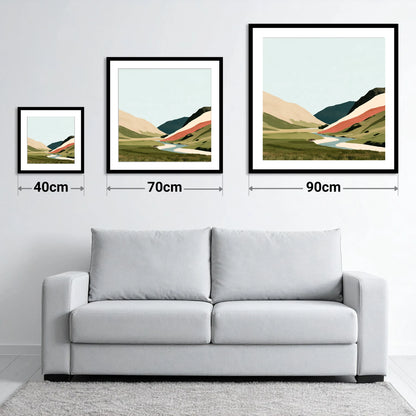 Winding River and Terracotta Fells - size guide showing 40cm, 70cm and 90cm art prints