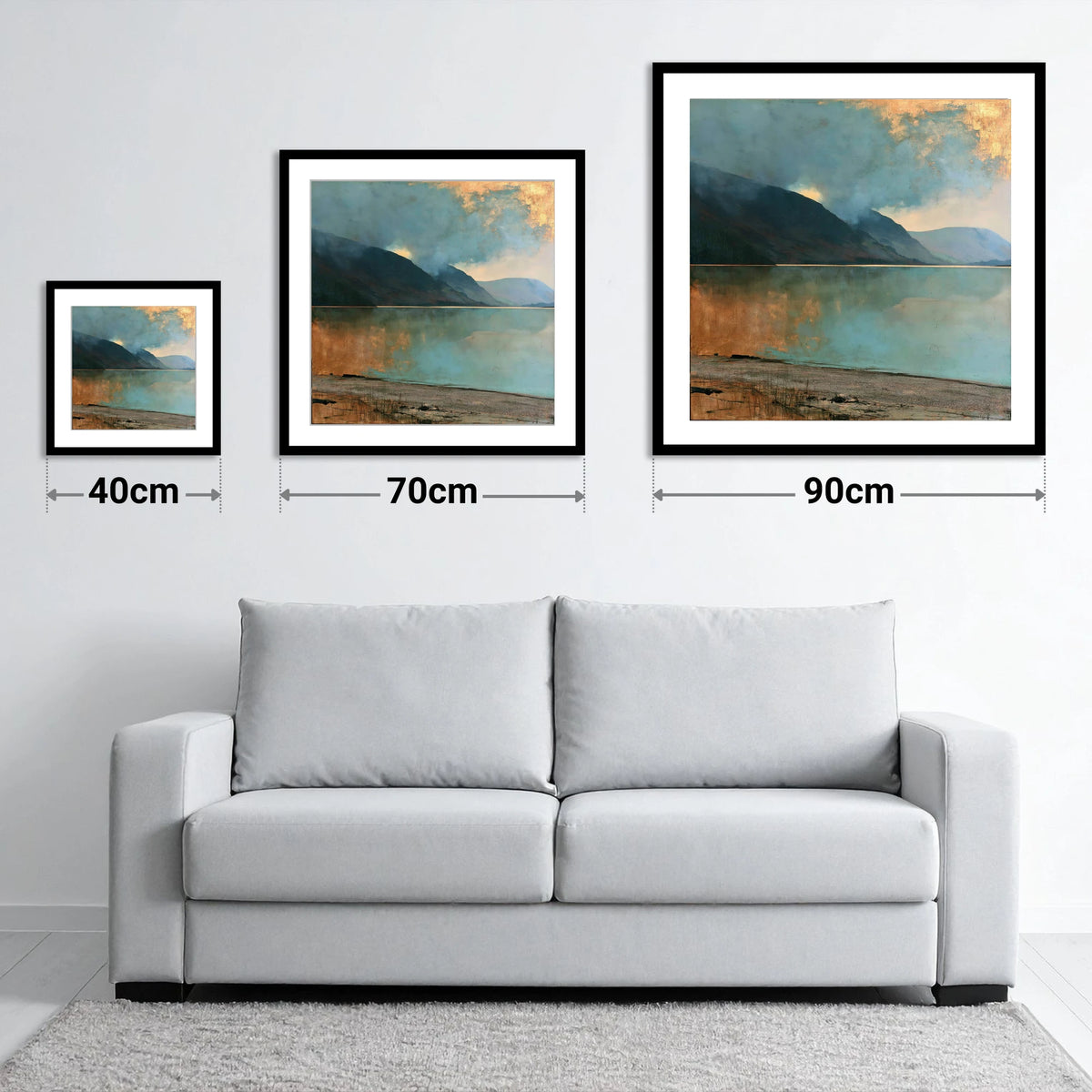 Golden Break Over Crummock Water - size guide showing 40cm, 70cm and 90cm art prints