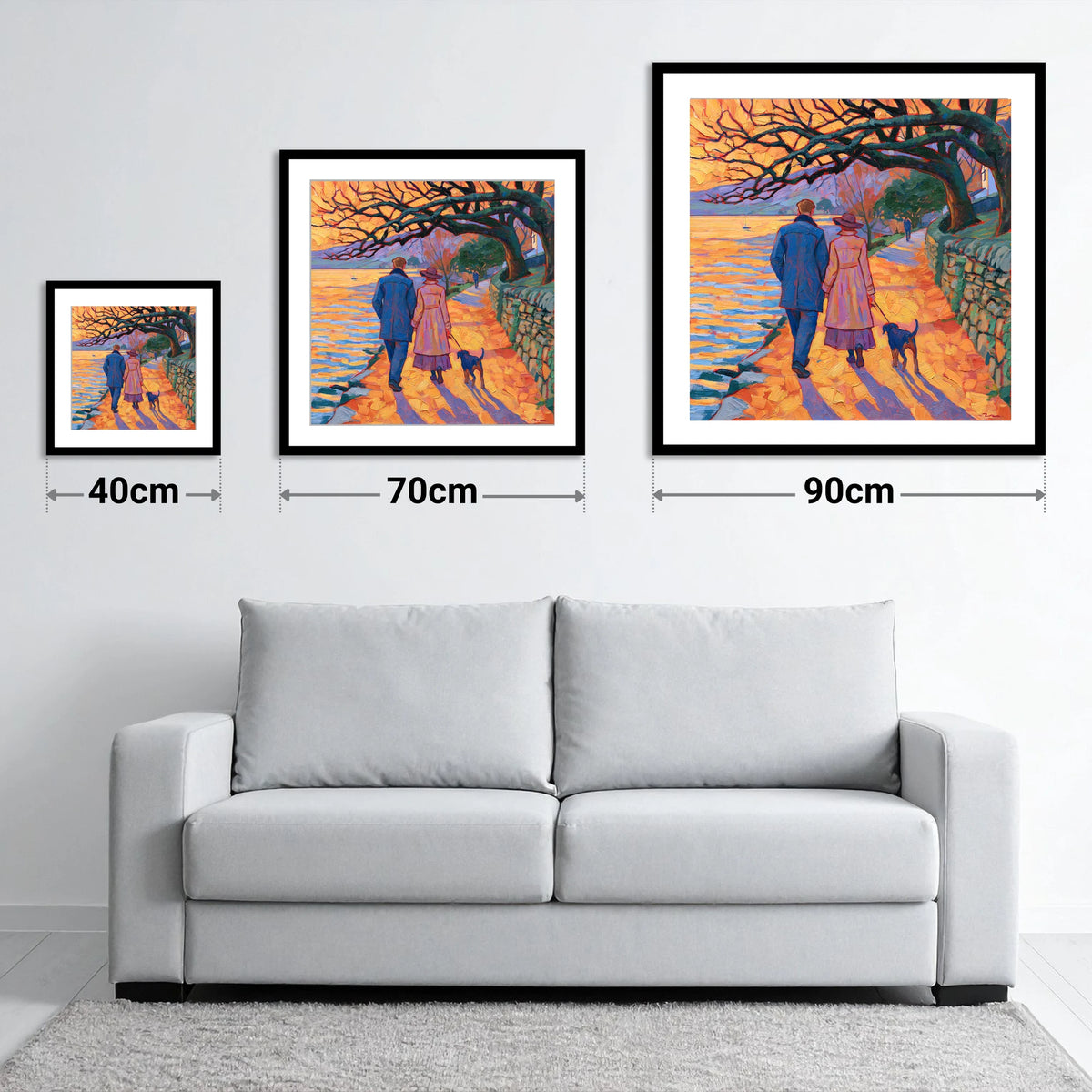 Sunset Dog Walk at Hawkshead - size guide showing 40cm, 70cm and 90cm art prints