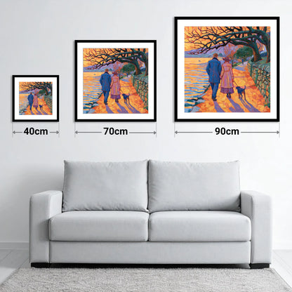 Sunset Dog Walk at Hawkshead - size guide showing 40cm, 70cm and 90cm art prints