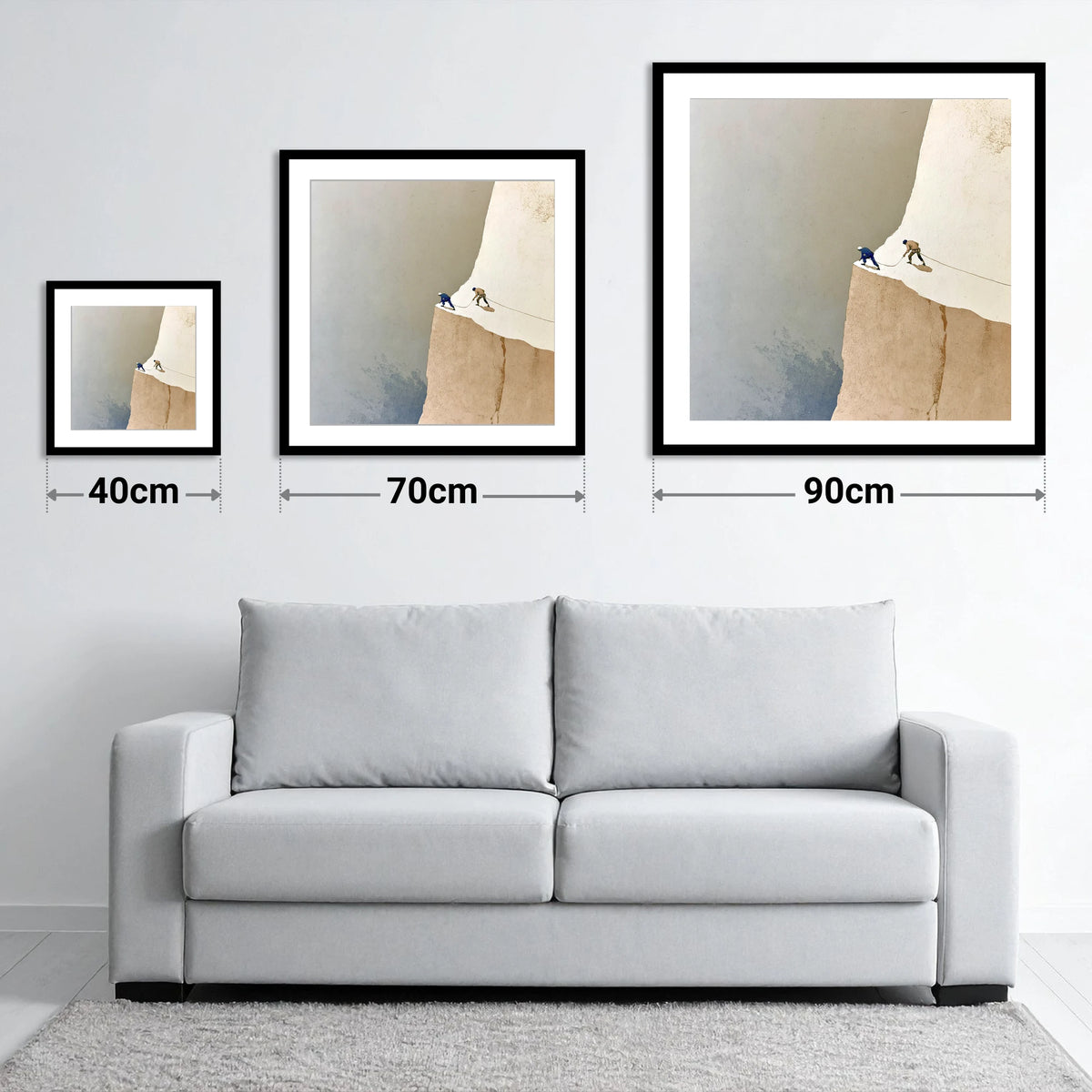 Climbers on a Misty Crag - size guide showing 40cm, 70cm and 90cm art prints