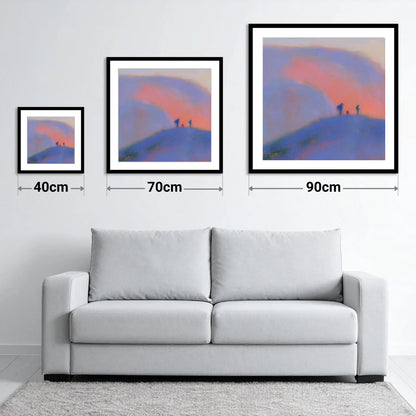 Hikers on a Twilight Fell - size guide showing 40cm, 70cm and 90cm art prints