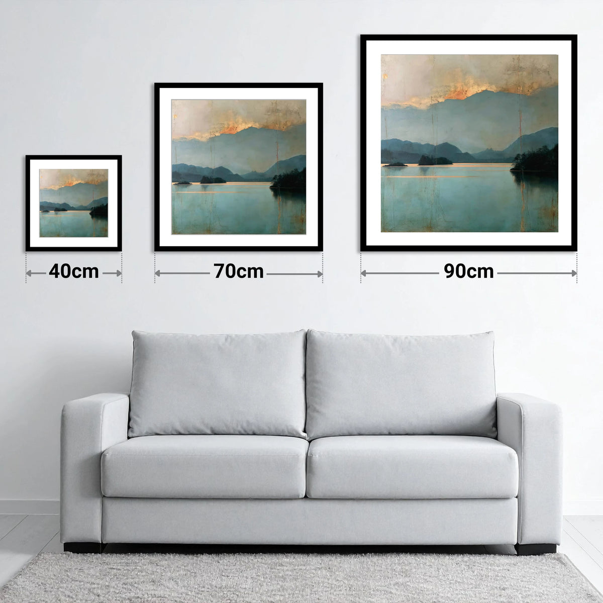 Golden Cloud Break at Derwentwater - size guide showing 40cm, 70cm and 90cm art prints