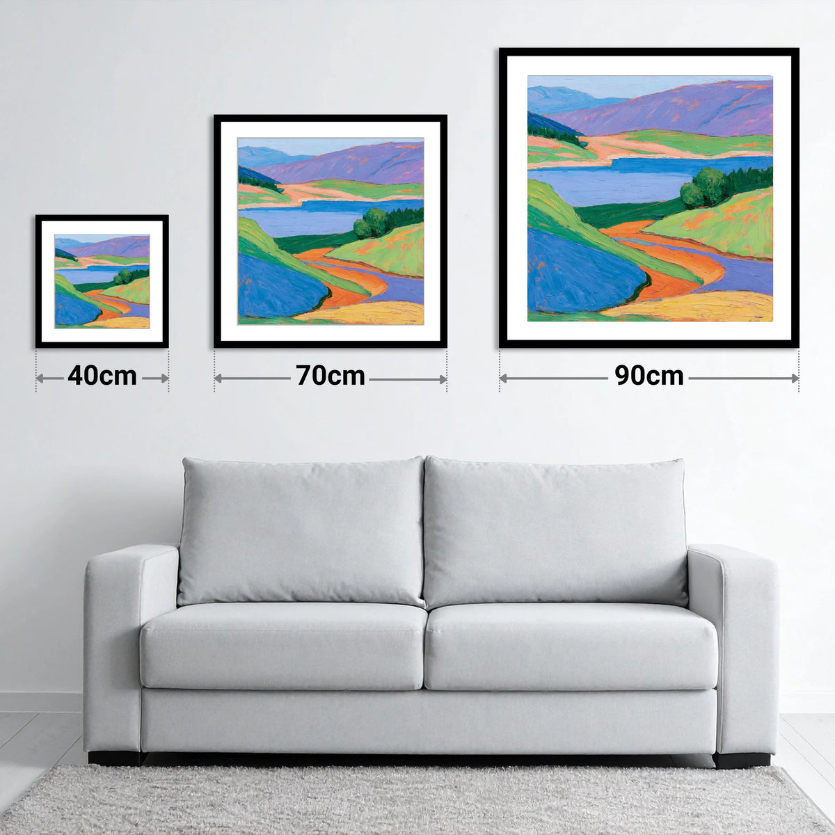 Cobalt Lake and Vibrant Fells - size guide showing 40cm, 70cm and 90cm art prints