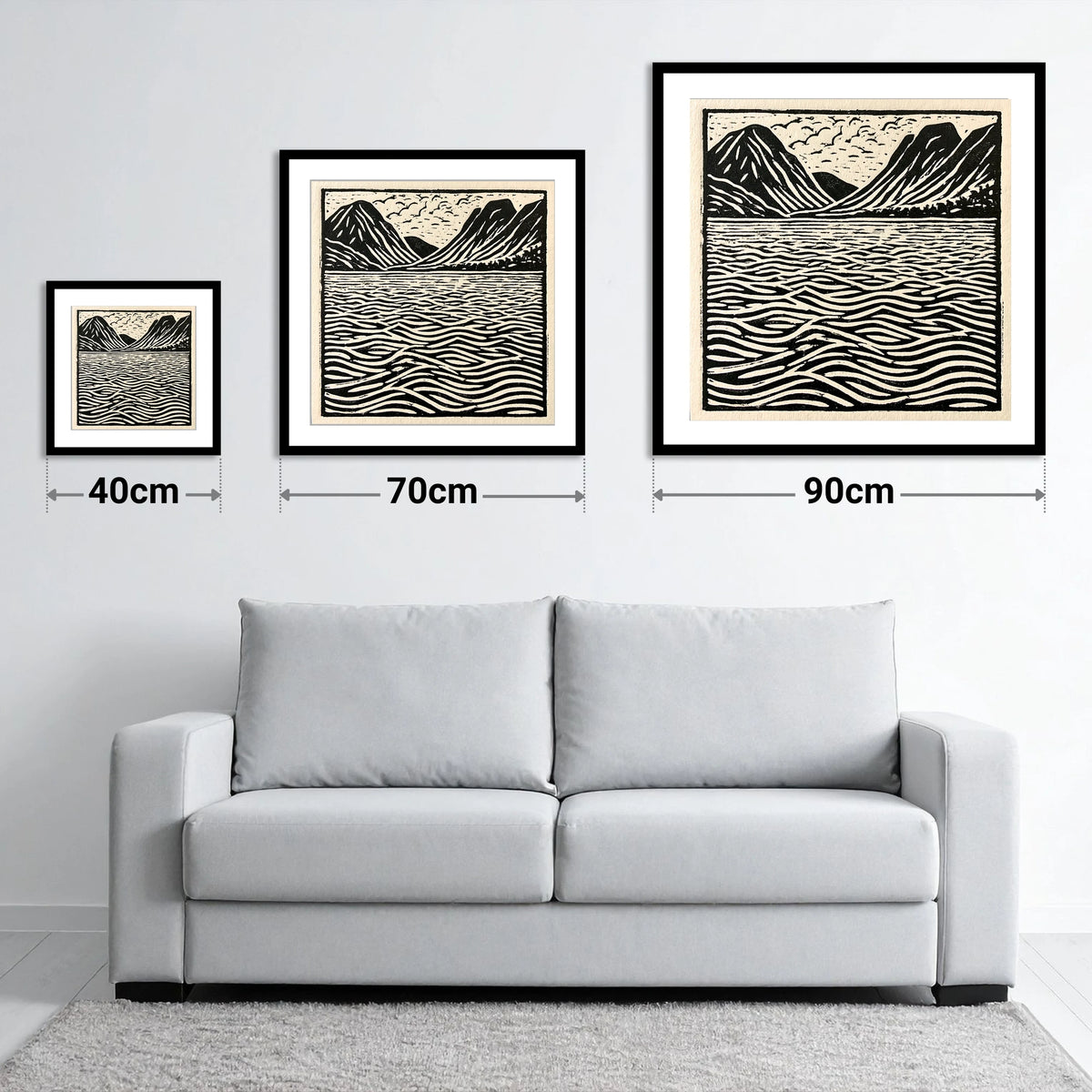 Bold Fells Over Dawn Waters - size guide showing 40cm, 70cm and 90cm art prints