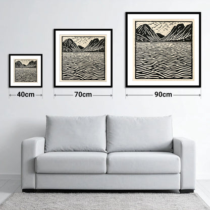 Bold Fells Over Dawn Waters - size guide showing 40cm, 70cm and 90cm art prints