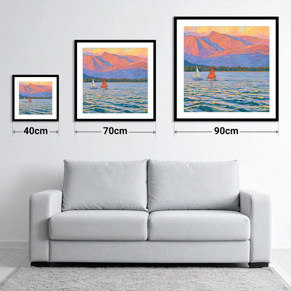 Sailing Windermere Under Purple Fells - size guide showing 40cm, 70cm and 90cm art prints