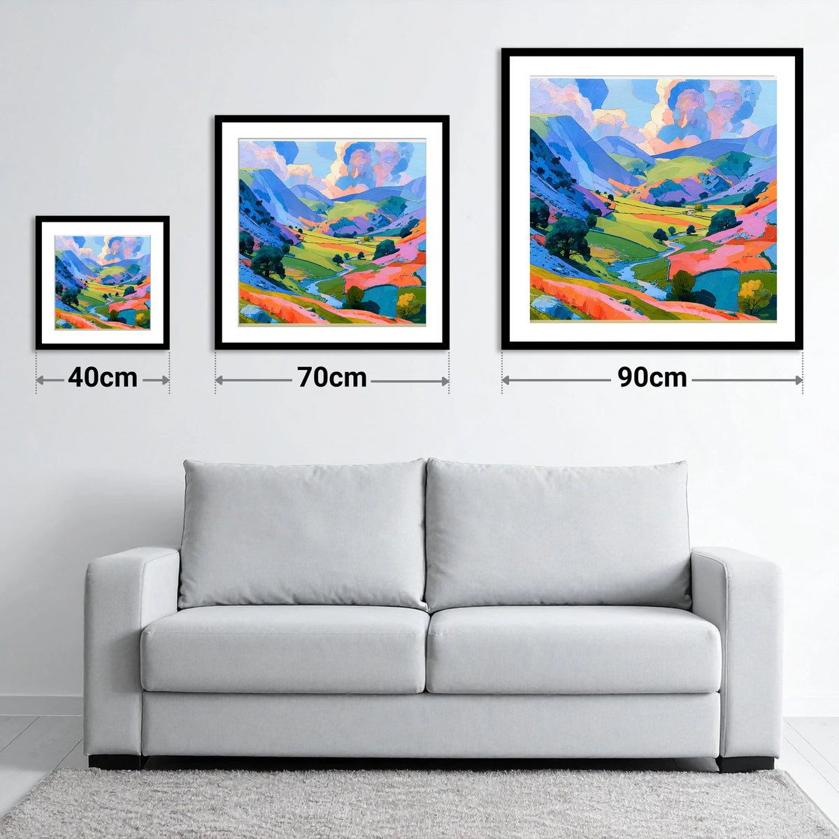 Lavender Fells and Valley Beck - size guide showing 40cm, 70cm and 90cm art prints