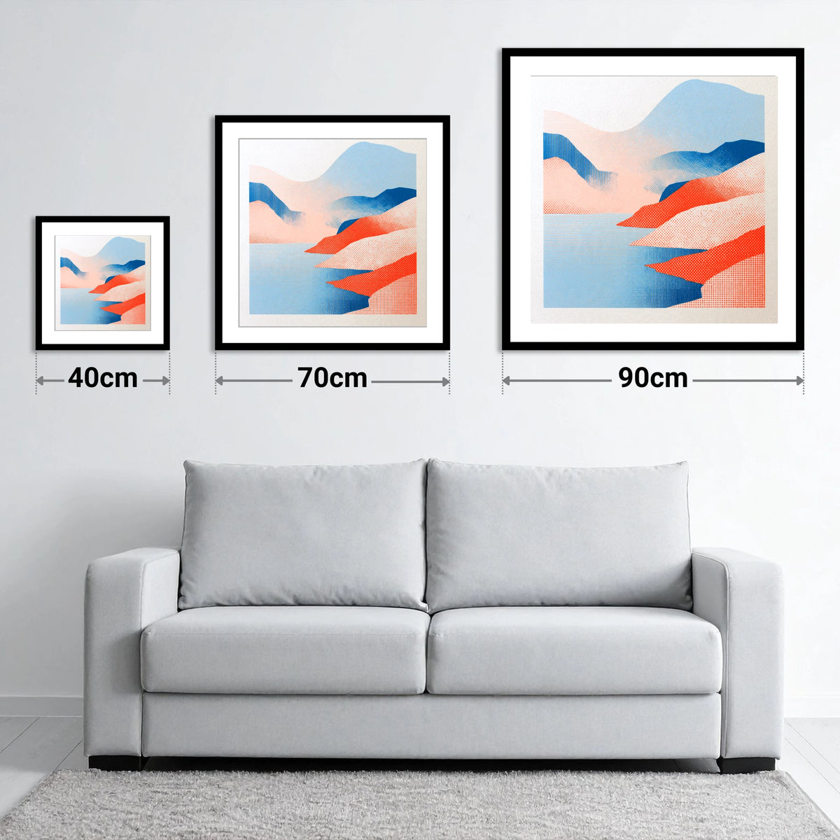 Graphic Buttermere in Coral and Blue - size guide showing 40cm, 70cm and 90cm art prints